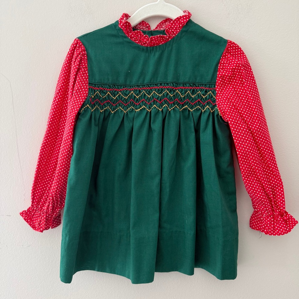 Vintage Polly‎ Flinders Girls Green Red Polkadot Smocked Dress Size T3
